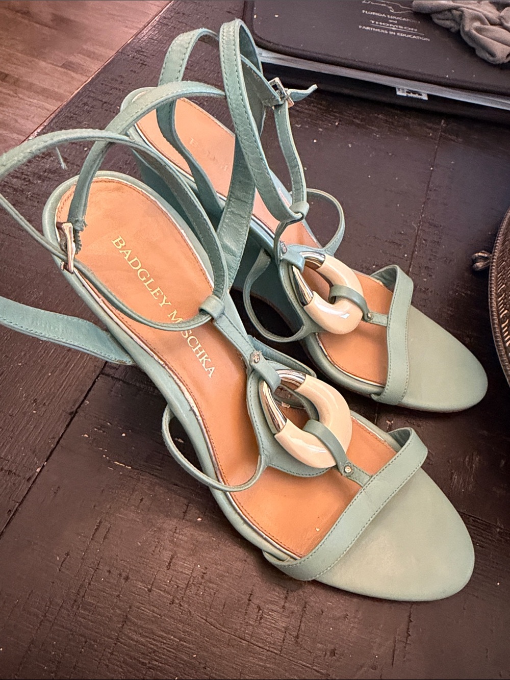 Badgley Mischka Sage Green Leather T-Strap Wedge Sandals with Cream Accent - Picture 2 of 10